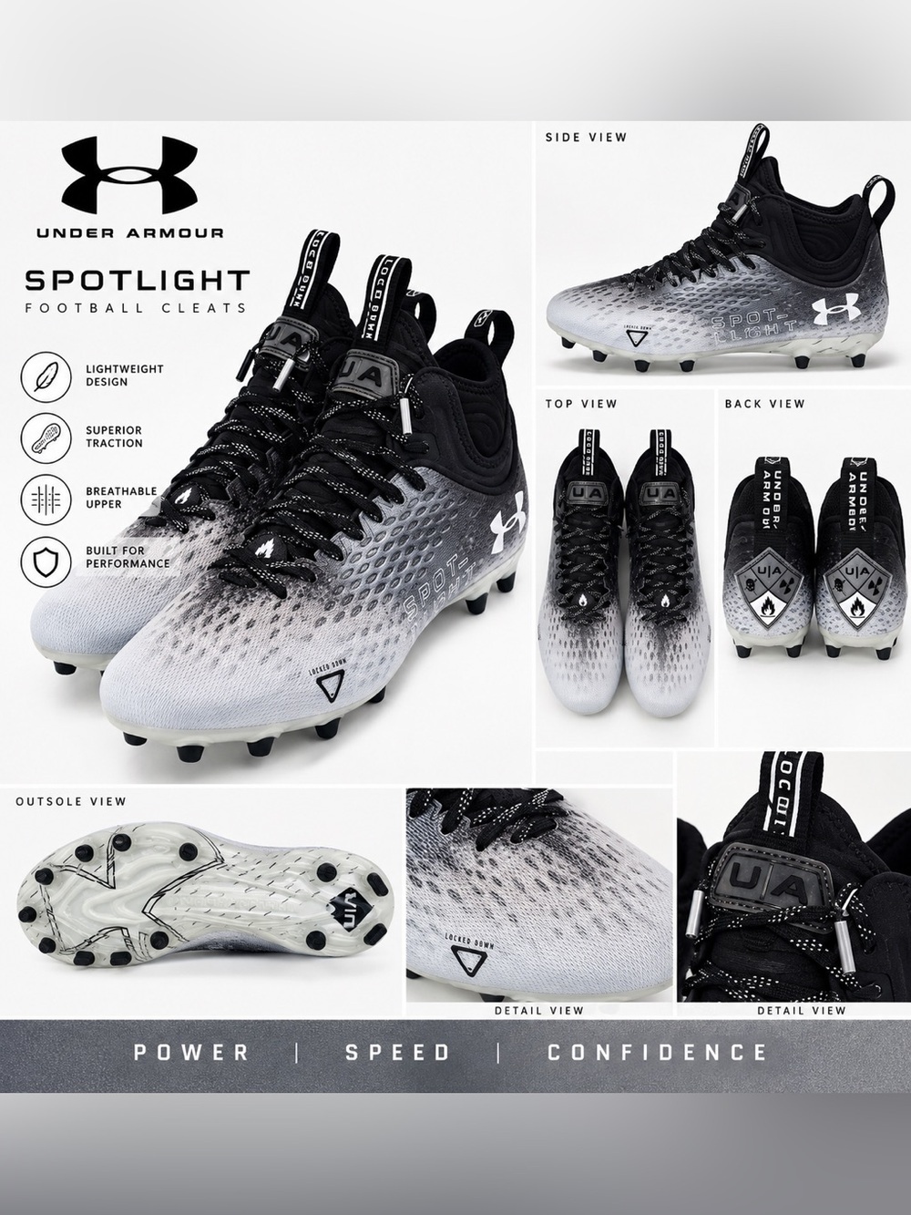 Under Armour Spotlight Football Cleats Black White Men’s 11 NWOT